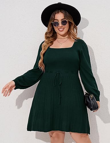Image of Women's Plus Size Casual Sweater Dress Square Neck Long Lantern Sleeve Tie Waist Loose Pullover Sweater Dresses
