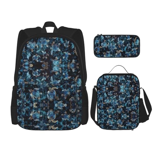 Sea Turtle Print 3 Piece Set Backpack, Lunch Bag, Pencil Case, Cute Sturdy For College And Travel