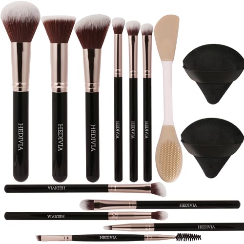 HEDIVIA Black Makeup Brushes Set 14 Pcs Professional, Premium Synthetic Foundation Makeup Brush Concealer Powder Blush Eyeshadow Brushes with 2 Powder Puff & Dual-ended Mask Applicator.Gifts for Girls