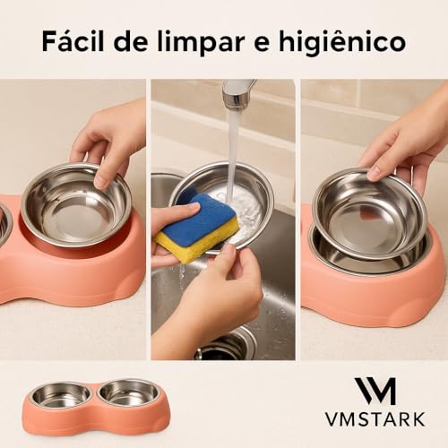 Comedouro Inox Duplo Antiderrapante Vmstark Para Cães e Gatos Tigela de Aço Pet Para Ração e Água (R