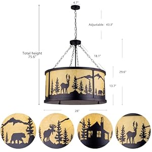 Tochic rustic farmhouse chandeliers for dining room 6 lights black ceiling light fixture western vintage drum chandelier with forest bear elk for bedroom living room entryway foyer d 28 in  urban country home decor