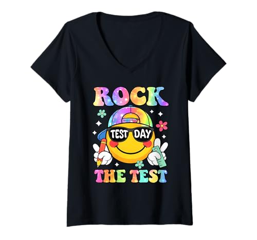 Women's Rock The Test Smile Face Test Day Teacher Boy Girl Kids V-Neck T-Shirt