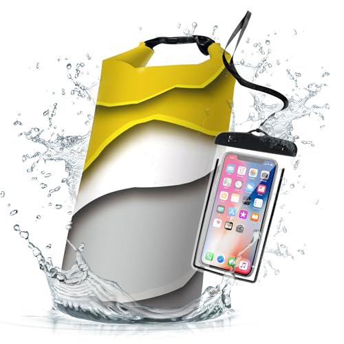 Waterproof-Dry-BagRoll-Top-Yellow-Gray-Geometric-Modern-Waterproof-Backpack-5L10L20L-Floating-and-Lightweight-Bags-for-Kayaking-Boating-Fishing-Swimming-and-Camping-with-Waterproof-Phone-Case
