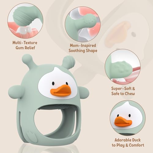 Image of 2 Packs Baby Teething Toys for 3-6 6-12 Months, Food Grade Silicone Teething Mitten, Anti Dropping Wrist Hand Teethers, Never Drop Baby Chew Toys for Sucking Needs, BPA Free (Nude & Green)