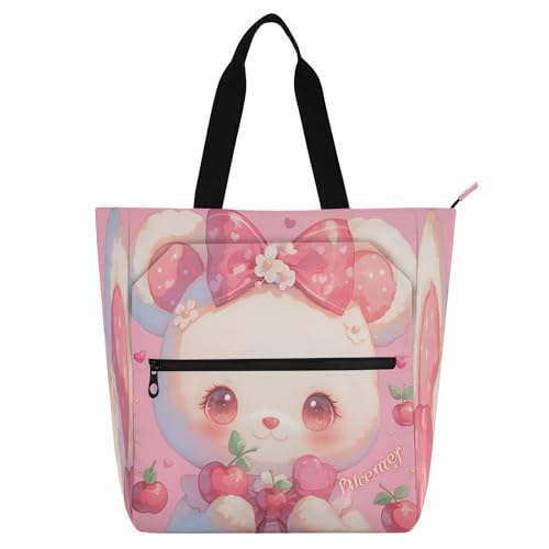 Decorative Book Tote Bag for Boys Girls Women, Cute Cartoon Cherry Bear Simple Sturdy Reusable Shopping Bag with Zipper for School Shopping Beach Rainbow para libros de