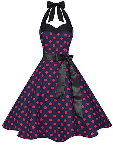 Zarlena Damen 50er Retro Rockabilly Pola Dots Petticoat Neckholder Kleid Blau mit pinken Dots Medium 4250647215152 Cover