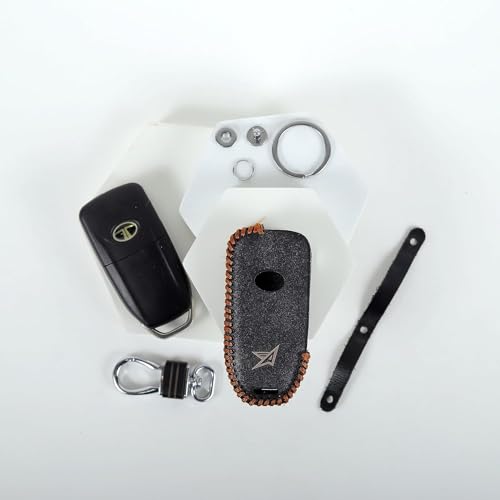 Image of Leather Smart Car Key Cover Case with Metal Hook Keychain for Tata Tigor, Bolt, Nexon, Hexa, Zest, Tiago (Black)