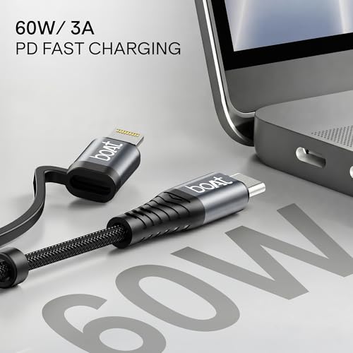 Image of boAt FlexiCharge 250 Cable with 2-in-1 Connectivity Type-C to Type-C + Lightning Cable; 60W /3A PD Fast Charging, 480 Mbps Data Sync, 1.2 m (3.9 ft),10000+ Bends Lifespan, Nylon Braided (Carbon Black)