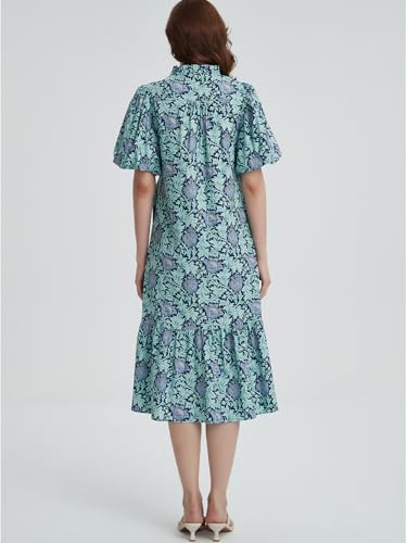 Image of Summer Floral Midi Dress for Women Spring Puff Short Sleeve Button Down Flowy Boho Dresses