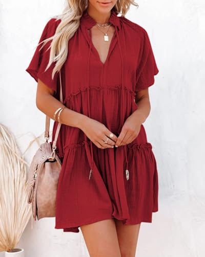 Image of Dellytop Womens Drawstring V Neck Dress Ruffle Tiered Short Sleeve Babydoll Tunic Swing Sundresses