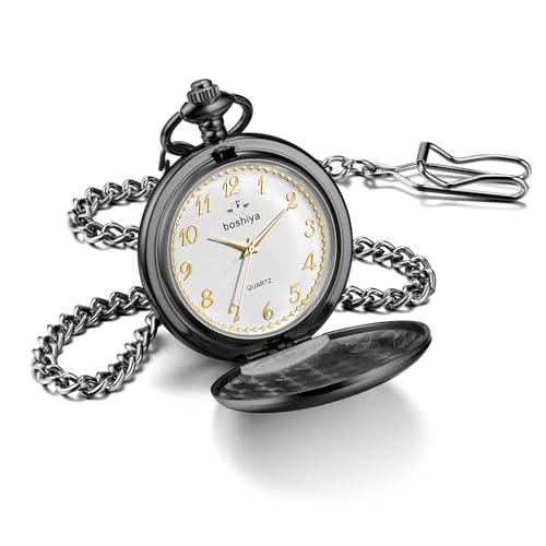 Image of BOSHIYA Smooth Black Pocket Watches for Men Quartz Arabic Digital Dial, Classic Vintage Mens Womens Pocket Watch with Chain Christmas Graduation Birthday Gifts Fathers Day