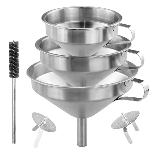 Set di 3 imbuti da cucina in acciaio inox (15 cm + 13 cm + 11 cm) con 2 filtri estraibili per trasferimento di liquidi, oli da cucina, marmellata e 1 spazzola per la pulizia