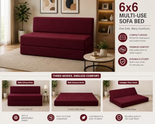Image of Four Seater Sofa Cum Bed 6x6 Ft with Soft Foam Cushioning, Comfortable Foldable Sofa Bed for Living Room, Bedroom, Guest Room & Office(Mehroon)