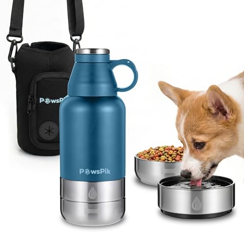 PawsPik 32oz 3-in-1 Travel Dog Water Bottle & Bowl Set – Stainless Steel Vacuum-Insulated Bottle...