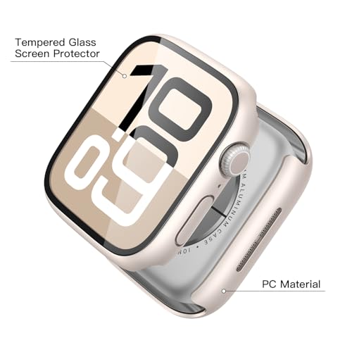 Image of Misxi 2 Pack Tempered Glass Case Compatible for Apple Watch Series 11 (2025) Series 10 42mm, Hard PC Screen Protector Overall Protection Scratch-Resistant Cover for iWatch, 1 Starlight + 1 Transparent