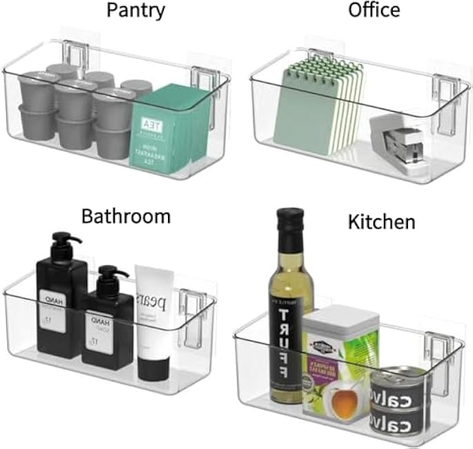 Adhesive Wall Mounted Small Storage Organizer Bins 2 Set Without Drilling for Bathroom, Pantry, Kitchen, Laundry, Utility Room, Inside of Cabinet Door Clear
