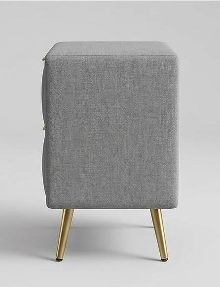 Image of Upholstered Bedside Table with 2 Channel-Tufted Drawers for Bedroom | Modern Nightstand with Gold Accents & Metal Legs | Side Table for Living Room, Home & Office | DIY Assembly | Grey