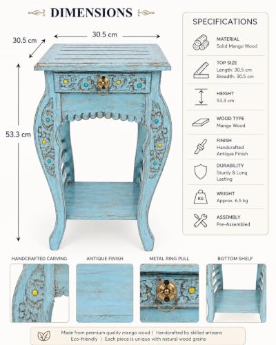 Image of Multipurpose Table Outdoor Indoor Stool Flower Vase Stool with One Drawer Material Mango Wood Size 30.5CM x 30.5CM x 53.3CM (Lite Blue Antique)