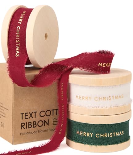 Vitalizart Merry Christmas Ribbon 5/8 Inch Natural Cotton Handmade Frayed Fringe Ribbons 15 Yd for Gift Wrapping Crafts Flower Wreath Garland Holiday Decorations Green Red White