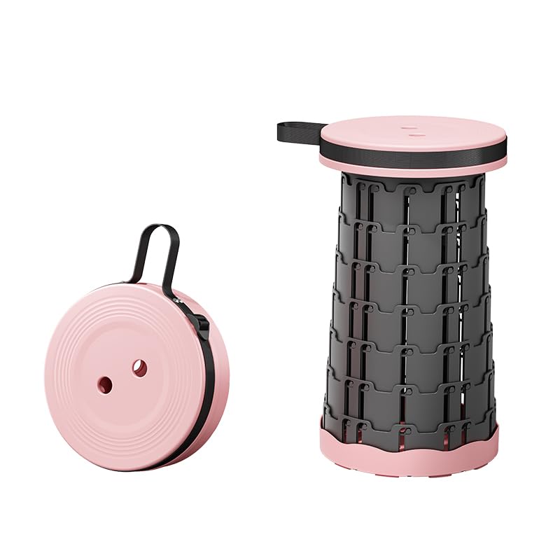 Telescopic Folding Stool Portable Adjustable Seat – Heavy Duty 150kg Load, Up to 45cm Height, Compact Retractable Camping Chair with Carry Strap for Hiking, Fishing, Picnic, Travel (Pink)