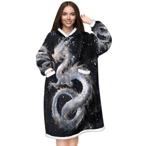 Galaxy Dragon Wearable Blanket Hoodie for Women Men Adults, Chinese Dragon Moon Oversized Sweatshirt Blanket Warm Cozy Sherpa Hooded Blanket with Pocket