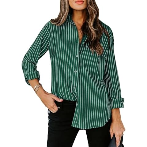 siliteelon Womens Button Down Shirts Cotton Striped Dress Shirt Long Sleeve CollaGreen Office Work Blouses Tops - Green Striped L Cover