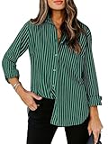 siliteelon Womens Button Down Shirts Cotton Striped Dress Shirt Long Sleeve Collared Office Work Blouses Tops - Green Striped L