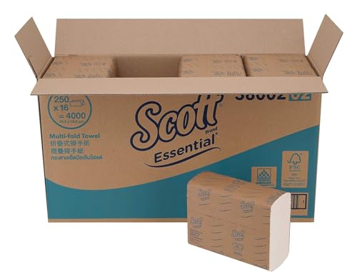 Scott Essential Multi Fold Hand Towel 38002C - M Fold Towel - 16 Packs x 250 Sheets - White Folded Towel Sheets 22.3 X 20.4 cm (4000 Total)