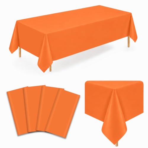 Image of WNINK 4 Pack Orange Plastic Tablecloths, 54 x 108 Inch Disposable Covers | Ideal for Halloween, Thanksgiving, Birthdays and Fall Parties, Helping Protect Tabletops from Spills and Simplify Cleanup