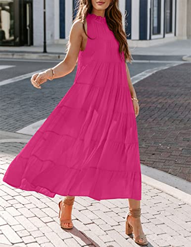 Image of HAEOF Women's Summer Sleeveless Halter Midi Maxi Dress Casual Loose Fit Pleated Tiered Flowy Beach Vacation Long Sundress