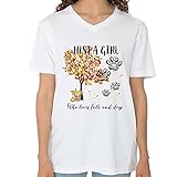 Just A Girl Who Loves Fall and Dogs Women Shirt Customized Dog Name on Paws Unisex Sweatshirt Autumn Tree and Pumpkin Harvest Hoodie/Long Sleeve/T-Shirt/V-Neck for Daughter Sister Granddaughter