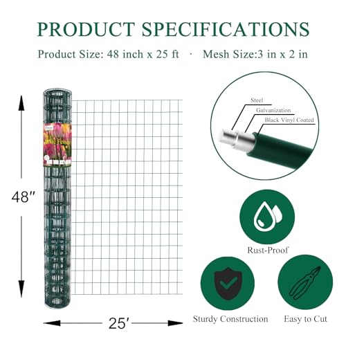 Green PVC Coated Welded Wire Fence 48 Inch x 25 Foot, 2 Inch x 3 Inch 16GA, Garden Border Fencing Roll Vinyl Coating Metal Wire Mesh for Yard Vegetable Plant Protection Poultry Netting