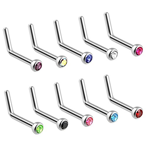 Lobal Domination 10 Piece L-Bend Press-Fit Gem Nose Rings Studs Screws 18G Or 20G Wholesale Body Jewelry (20G) #TOP20