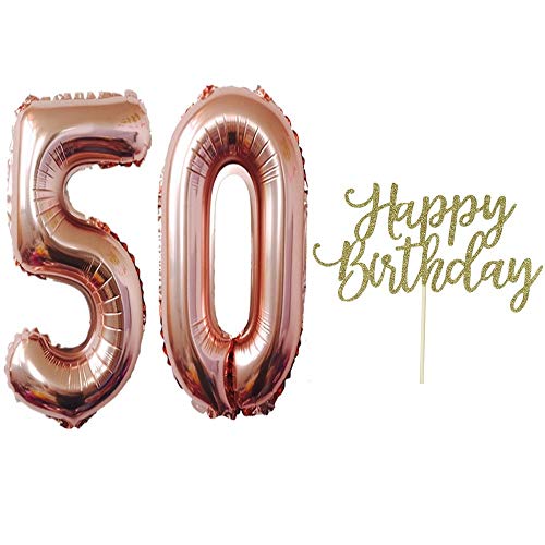 50th Birthday Balloons,50th Birthday Decorations,Number 50 Rose Gold 32 Inch,with Happy Birthday Cake Topper
