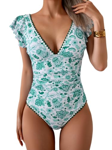 Image of Aidonger Women's One Piece Ruffle Swimsuit Tummy Control Bathing Suit V Neck Shell Stitched Swim Suit Slimming Swimwear