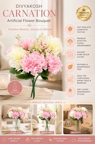Image of Divyakosh Artificial Flowers Bunch (Vase Not Included), Pink & White Carnation Bouquet - 7 Flower Heads, Artificial Flower for Vase, Flower Bouquet Gift for Living Room,Table Office, Centerpiece