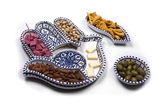 Kamsah 7 Piece Plate Set & Serving Platter, Custom Hand-Painted Ceramic Appetizer Tray Serving Dishes for Celebrations, Parties and Events (Large, Bohemian Blue)