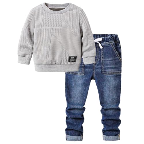 White long-sleeved textured sweatshirt + jeans, suitable for boys 100-140 cm casual two-piece suit.