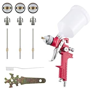 BenBow HVLP Verfspuitpistool met sproeierset 1, 4+, 8 mm 2,5 mm spuitpistool kit 600 ml plastic beker, chroom-rood