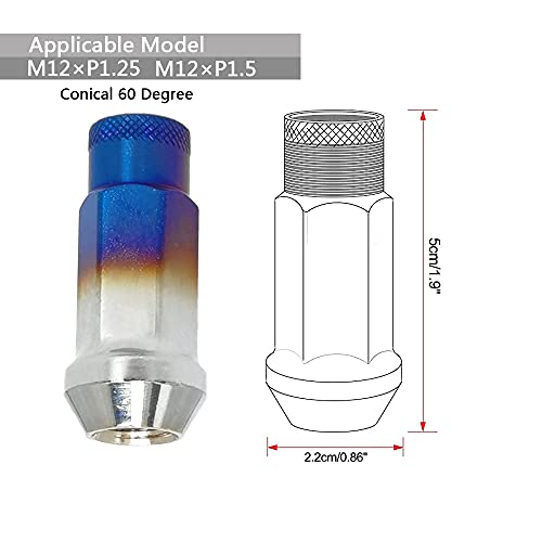 Image of Lug Nuts M12x1.25 Open End Wheel Nuts,Taper Acorn Seat, Forged Locknut Racing Nut 20 Set 2 Pieces Total 22 Pieces and 1 Nut Socket Key (Red-Blue M12 x P1.25)