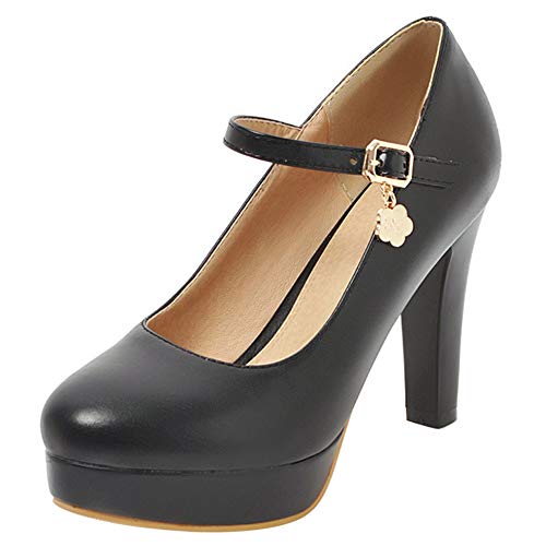 Décolleté Donna, Mary Jane Tacco a Blocco Eleganti Scarpe da Sposa Tacco Alto Punta Rotonda con Plateau Fibbia Nero Numero 37 EU