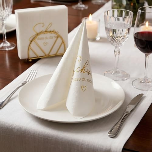 COMOOKA Servietten Geburtstag - 50 Stück Servietten Schön dass du da bist - Geburtstagsservietten Weiß - Papierservietten Hochzeit - Tischdeko für Geburtstag, Hochzeit, Kommunion, Konfirmation