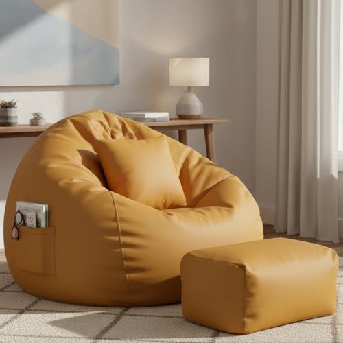Image of Luxury 5XL Jumbo Bean Bag with Footrest & Cushion | Premium Leatherette | High-Density Beans Filled | Heavy Duty Double Stitch | 6 Months Warranty Color- (Navy Blue) (Yellow)