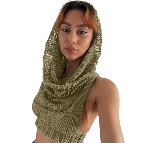 Image of Women's Knitted Hoodie Sweater Vest Sexy Sleeveless Hollow Out Hooded Crop Top Draped Sweatshirt Streetwear