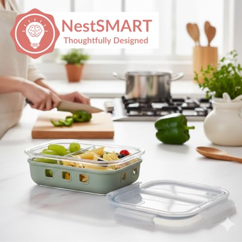 Image of Nestasia Glass Lunch Box with Silicone Sleeve (600ml) - Borosilicate Glass Lunch Box with 2 Compartments for Office | Microwave & Freezer Safe, Leak-Proof Tiffin Box with Clip Locks (Green)