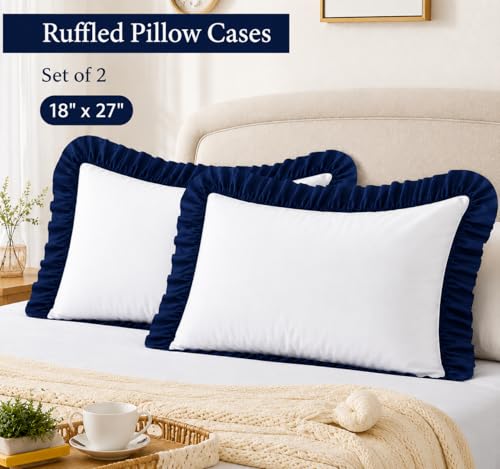 Image of Ruffled Pillow Cases Dule Tone Set of 2, White & Navy - Pillow Shams Brushed Microfiber Edge Ruffled Soft Pillow Cover with Envelope Closure for Bedding Decor 18 inch x 27 inch