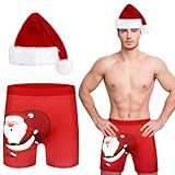 Toulite Men's Christmas Santa Shorts Holiday Boxers Cotton Shorts with Santa Hat Gifts for Men Holiday Party Favors(Large)