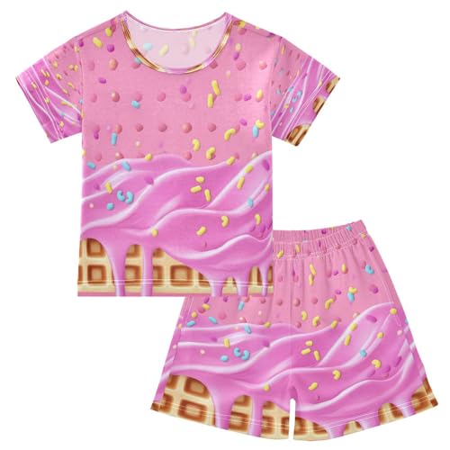 ALAZA Hipster Ice Cream Waffle Pajamas Set Short Sleeve Cotton Sleepwear Summer Pjs 2 Piece 5-14Y