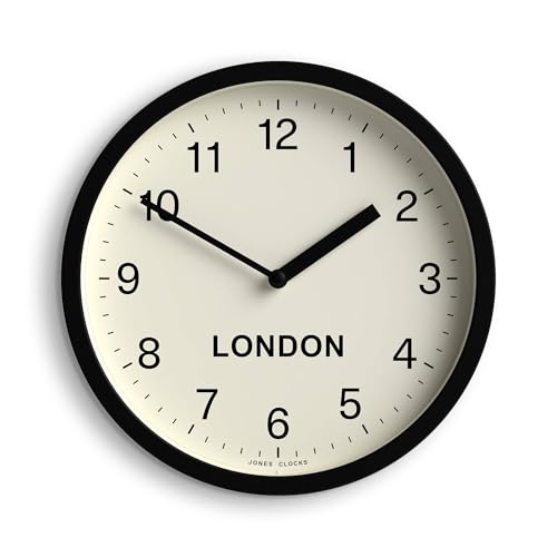 JONES CLOCKS® London Time Zone Wall Clock | Small Modern Round Clock | 8 inch | Black | Easy to Read Numbers | Ideal for Kitchen, Living Room, Office or Any Small Space