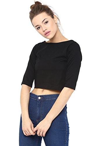 Image of Miss Chase Women's Black Boat Neck Half Sleeves Casual Buttoned Crop Top